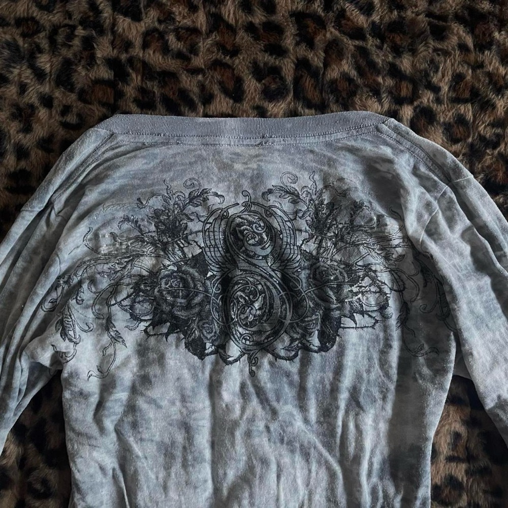Affliction Style White/Grey Long Sleeve V-Neck Tee - Picture 3 of 4